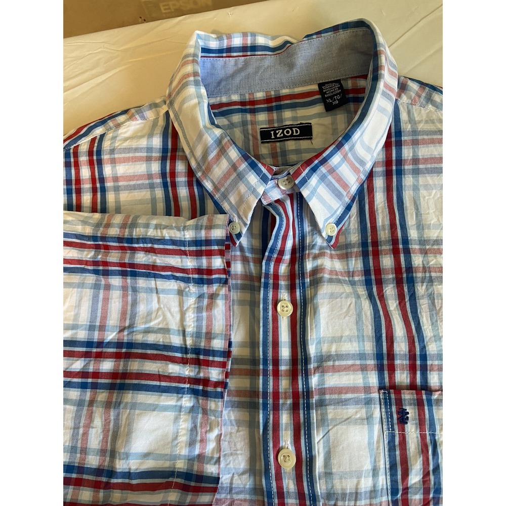 IZOD Mens XL Short Sleeve Button Down Shirt Red White Blue Plaid Checkered